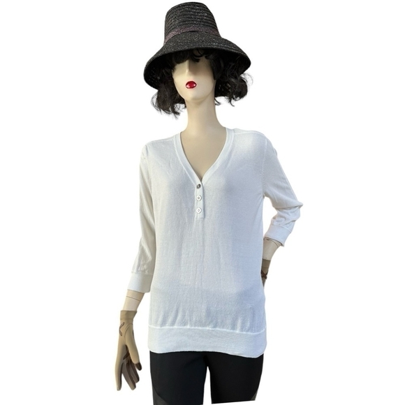 Women Shirt RALPH LAUREN White Cotton Sweater Long Sleeve Half Button Front Top - Picture 3 of 8